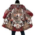 Thanksgiving Wolf Feather Coat Mens Graphic Hoodie Vintage Abstract Sports Outdoor Daily Wear Going Fall Winter Long Sleeve Burgundy Fleece Air Layer Fabric Jacket Native American Festival Red Cotto