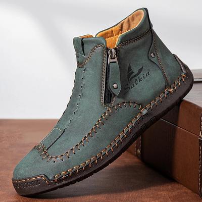 Men's Brown Leather Casual Ankle Boots with Zipper and Hand-Stitched Design - Comfortable and Lightweight for Everyday and Outdoor Wear