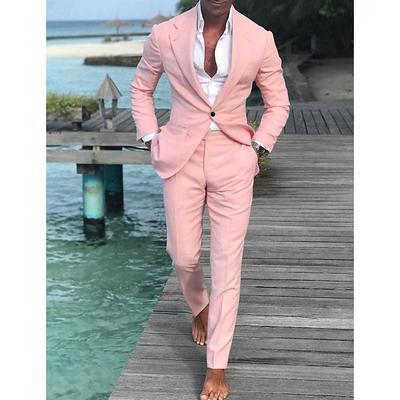 Men's Wedding Beach Linen Suits Light Blue Pea Green Summer Solid Colored Tailored Fit 2 Piece Single Breasted One-button
