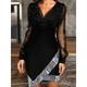 Women's Black Dress Sequin Dress Party Dress Mini Dress Black Wine Long Sleeve Sequins Spring Fall Winter V Neck Fashion Winter Dress Wedding Guest Birthday Black Cocktail Dress