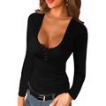 Women's T shirt Tee Black White Wine Plain Button Long Sleeve Daily Weekend Basic U Neck Regular Slim S