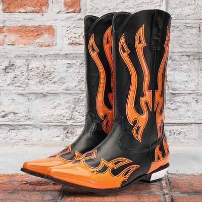 Men's Black and Orange Mid-Calf Western Cowboy Boots - Bold Flame Design with High-Gloss Finish for Rodeo and Fashion Wear