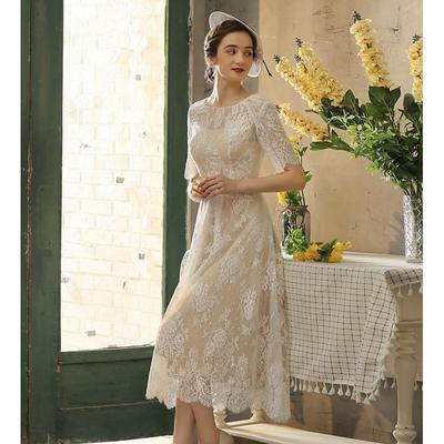 TS Reception Little White Dresses Wedding Dresses in Color Wedding Dresses A-Line Illusion Neck Half Sleeve Tea Length Lace Bridal Gowns With Sash / Ribbon Appliques 2025