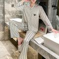 Men's Loungewear Pajama Set Pajama Top and Pant Silk Pajama 1 set Stripe Stylish Casual Home Daily Bed Ice Silk Breathable Soft Lapel Long Sleeve Shirt Pant Spring Summer Black Green