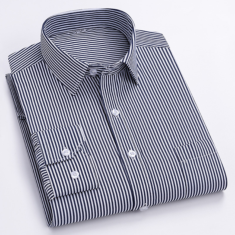 Dress Shirt Striped Shirt Work Shirt Non Iron Shirt Stripes and Plaid Wedding Office Career Black White Dark Navy Navy Blue Long Sleeve Turndown All Seasons Clothing Apparel