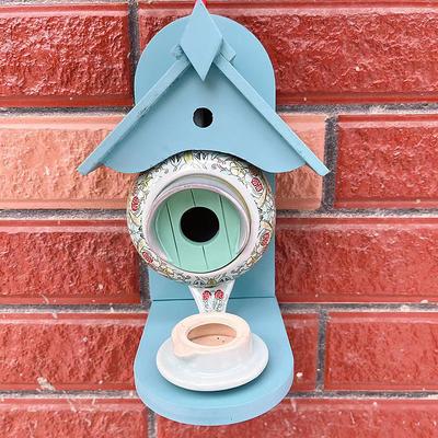 William Morris Teal Teapot Bird House and Feeder Wooden Metal Ceramic teapot Decoration Bird House for Outdoor Patio Garden Hanging Feeder
