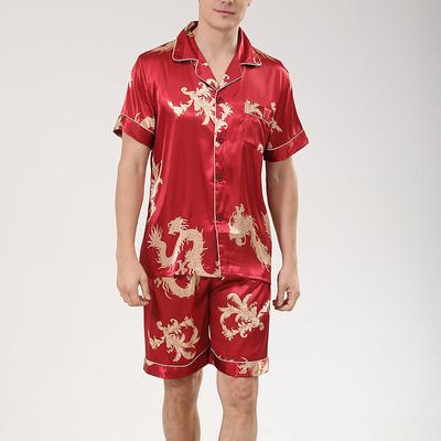 Men's Satin Silk Sleepwear Pajama Set Silk Pajama 2 Pieces Animal Pure Color Fashion Casual Satin Home Bed Faux Silk Polyester Lapel Short Sleeve Shorts Basic Spring Summer Black Red