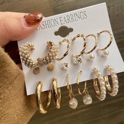 pearl ladies earrings creative french retro gold earring set 6 piece