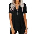 Women's Casual Short-Sleeved Top V-Neck Zipper Solid Color Button T-shirt Blouse