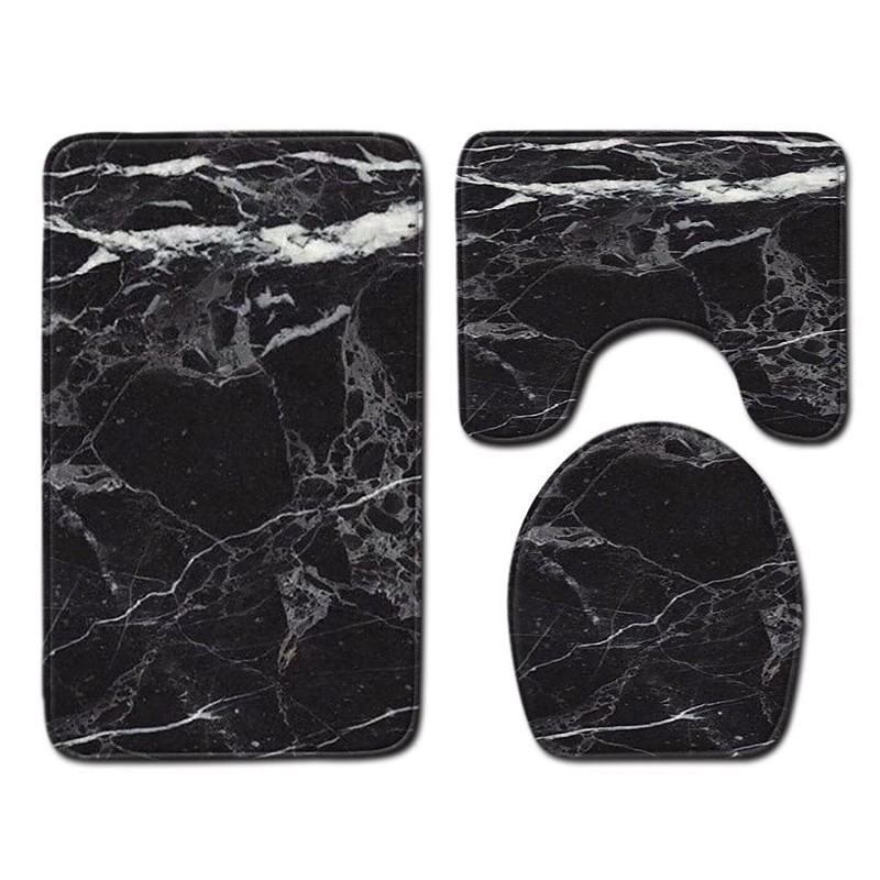 Set of 3 Pieces Bath Mat Non-slip Bathroom Rug, U Shaped Contour Rug Toilet lid Cover, Marble Texture Bath mat, Non Slip Soft Absorbent Polyester Carpet