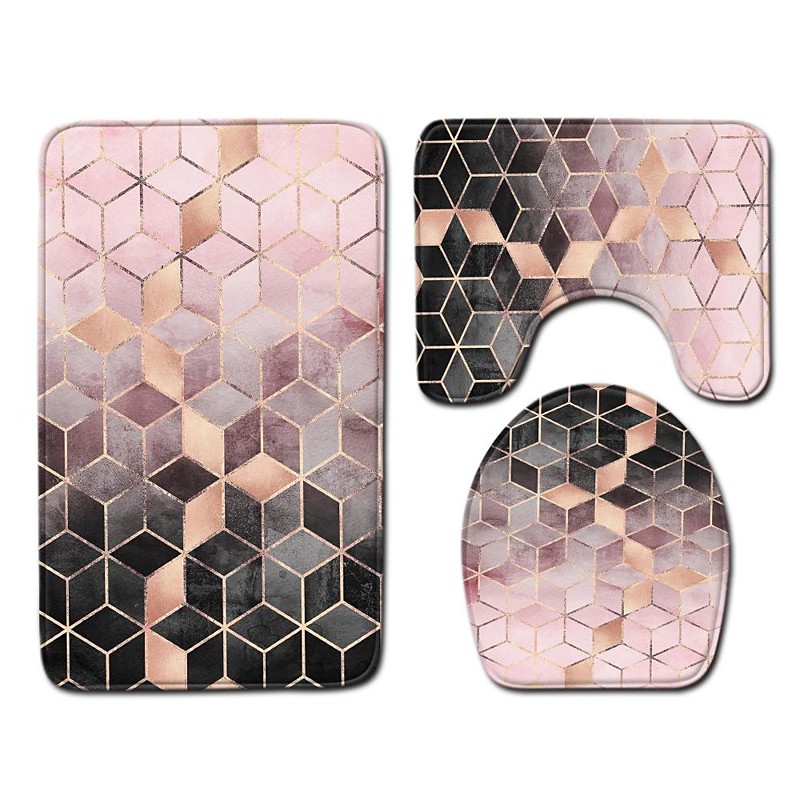 Set of 3 Pieces Bath Mat Non-slip Bathroom Rug, U Shaped Contour Rug Toilet lid Cover, Marble Texture Bath mat, Non Slip Soft Absorbent Polyester Carpet