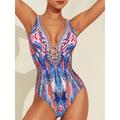 Sky Blue Leopard Folk Print V Neck Swimsuit One-Piece