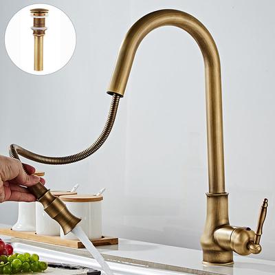 Kitchen Sink Mixer Faucet with Pull Out Spray, 360 Swivel Pull Down Vessel Taps Antique Brass/Black Deck Mounted, Antique Single Handle One Hole Kitchen Taps