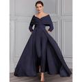 Two Piece Jumpsuit / Pantsuit Mother of the Bride Dress Formal Wedding Guest Elegant Party Scoop Neck Off Shoulder Ankle Length Satin 3/4 Length Sleeve with Sash / Ribbon 2024