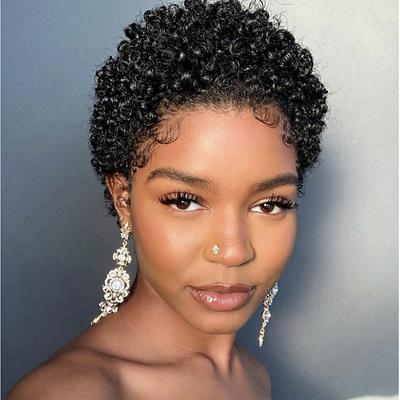 Human Hair Wig Short Afro Curly Pixie Cut Natural Black Party Women Easy dressing Capless Brazilian Hair Women's Black Party / Evening Daily Daily Wear