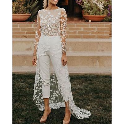 TS Beach Wedding Hall Open Back Wedding Dresses Jumpsuits Scoop Neck Long Sleeve Sweep / Brush Train Lace Bridal Gowns With Flower 2025