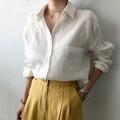 Women's Long Cotton Top White Cotton Top White Cotton Blouse Plain Office Work Business Button Pocket White Long Sleeve Streetwear Casual Shirt Collar Spring Fall