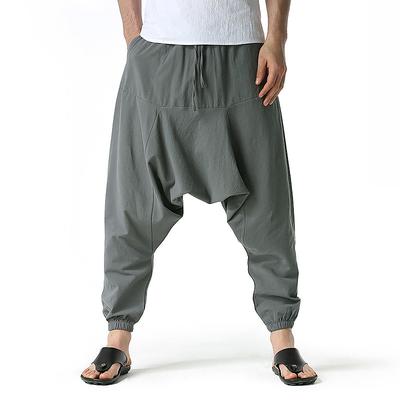 Men's Joggers Linen Pants Trousers Summer Pants Harem Pants Drawstring Elastic Waist Baggy Plain Outdoor Sports Knee Length Home Daily Holiday Boho Hippie Loose Fit Black Navy Blue Micro-elastic
