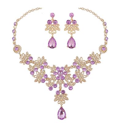 Hot selling Violet crystal drop necklace earrings Bridal Wedding Jewelry Set