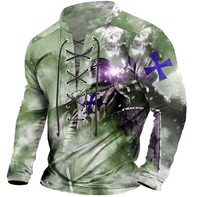 Knights Of Malta Mens Graphic Shirt Templar Prints Fashion Designer Casual Henley Tee Outdoor Daily Wear Vacation Light Green Burgundy Blue Cross Lace Up Pink Cotton