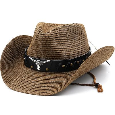 Women's Cowboy Hats Ethnic Style Straw Panama Hat Belt Cow Decorate Western Hats