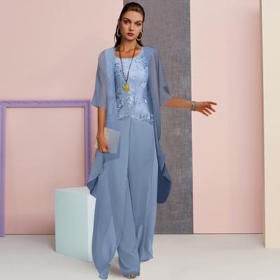 Two Piece Jumpsuit / Pantsuit Mother of the Bride Dress Formal Wedding Guest Elegant Wrap Included Scoop Neck Floor Length Chiffon Lace Half Sleeve with Appliques 2024