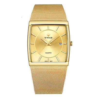 Men's Square Ultra-thin Watch WWOOR Luxury Gold Watch Men's Quartz Steel Mesh Waterproof Watch Box Gift Relogio Masculino