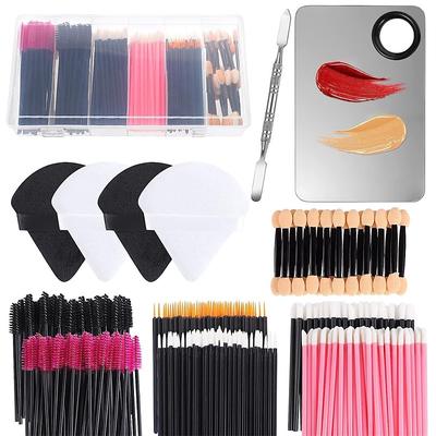 Disposable Makeup Applicators Accessories Kit Makeup Artist Supplies with Mixing Tray Mascara Wands, Lip Brushes, Hair Clips Triangle Puff for Face with Storage Box