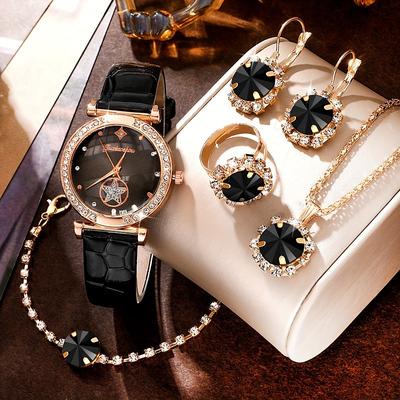 6pcs/set Women's Watch Luxury Rhinestone Quartz Watch Vintage Star Analog Wrist Watch Jewelry Set Gift For Mom Her