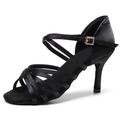 Women's Latin Shoes Line Dance Dance Shoes Performance Indoor Samba Satin Basic Simple Softer Insole Solid Color Slim High Heel Buckle Brown Black / Silk