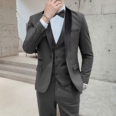 Men's Wedding Party Tuxedos Dark Grey Burgundy Solid Color Standard Fit 3 Piece Single Breasted One-button