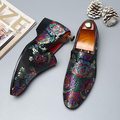 Men's Floral Embroidered Black Slip-On Loafers with Red Lining - Perfect for Formal Events and Stylish Outfits