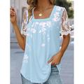 Women's T shirt Tee Floral Holiday Weekend White Pink Blue Print Lace Short Sleeve Basic Square Neck Regular Fit