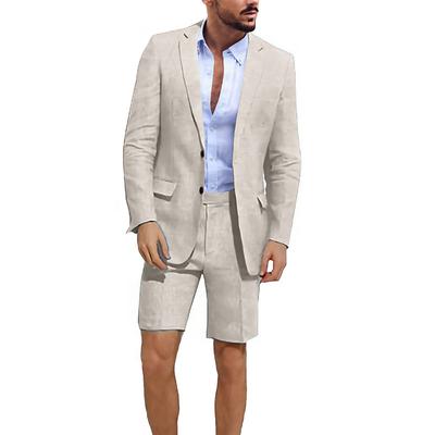 Light Blue Men's Linen Suits Summer Beach Wedding Shorts Waistcoat Wedding Suits 2 Piece Solid Colored Tailored Fit Single Breasted Two-buttons 2024