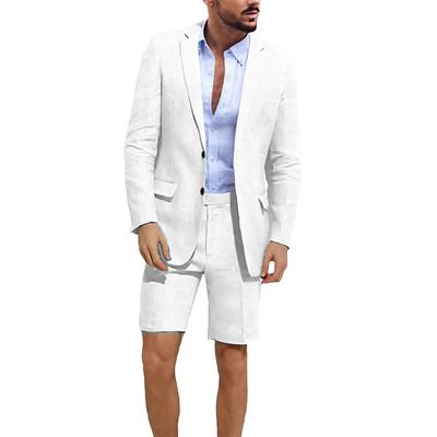 Men's Beach Wedding Linen Suits Light Blue White Solid Colored Tailored Fit 2 Piece Single Breasted Two-buttons