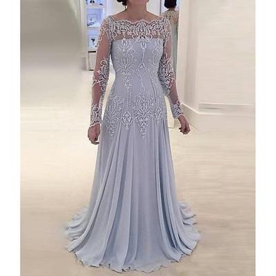 A-Line Mother of the Bride Dress Wedding Guest Elegant Scalloped Neckline Sweep / Brush Train Polyester Long Sleeve with Pleats Appliques 2024