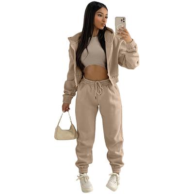 Solid Casual 3 Piece Set, Zip Up Hooded Jacket Sleeveless Crew Neck Tank Top Drawstring Elastic Waist Jogger Pants Outfits, Women's Clothing