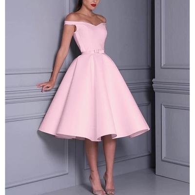 TS A-Line Cocktail Dresses 1950s Dress Wedding Guest Graduation Tea Length Sleeveless Off Shoulder Fall Wedding Reception Satin with Sleek Bow(s) Pure Color 2025