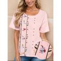 Women's Summer Tops 100% Cotton Floral Work Casual Holiday Pink Embroidered Button Short Sleeve Daily Ladies Casual Round Neck Loose Fit Autumn / Fall Spring Summer