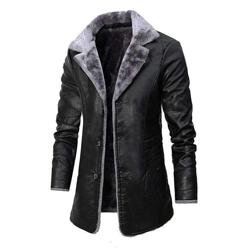 Men's Faux Leather Jacket Winter Coat Shearling Coat Outdoor Street Thermal Warm Rain Waterproof Pocket Fall Winter Solid Color Active Business Turndown Regular Faux Leather Regular Fit Black Brown