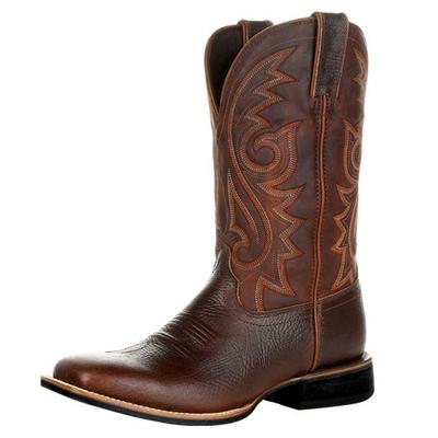 Men's Brown Embroidered Faux Leather Western Cowboy Boots - Classic Durable Square Toe Rodeo Style for Ranch and Outdoor Wear