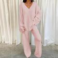 Women's Fleece Lounge Sets 2 Pieces Solid Color Fluffy Fuzzy Warm Pajama V Neck Long Sleeve for Fall Winter White S 3XL