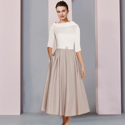 TS A-Line Mother of the Bride Dress Wedding Guest Elegant Scoop Neck Tea Length Satin Half Sleeve with Pleats Crystal Brooch Color Block 2025 free custom size