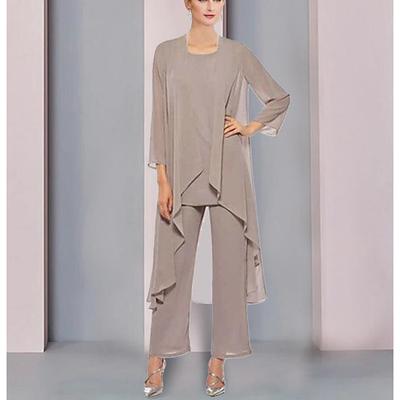 Jumpsuit / Pantsuit 3 Piece Mother of the Bride Dress Wedding Guest Elegant Scoop Neck Ankle Length Chiffon Sleeveless Wrap Included with Solid Color 2024