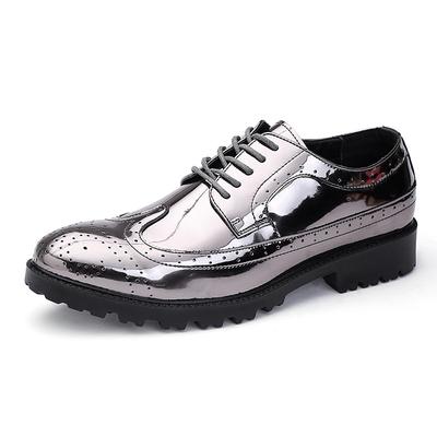 Men's Silver Metallic Oxford Brogue Shoes - Shiny Lace-Up Dress Shoes with Rugged Sole for Formal Events and Parties