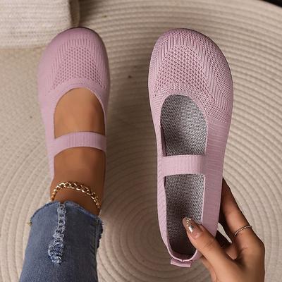 Women's Breathable Knit Fabric Mary Jane Flats – Comfortable Elastic Strap Slip-On Ballet Shoes for Daily Wear