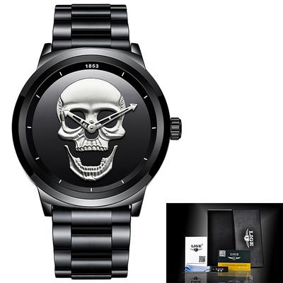 LIGE Mens Quartz Watch 3D Skull Waterproof Stainless Steel Sports Analog Quartz Watch Men Halloween Decoration Wrist Watch with Gift Box