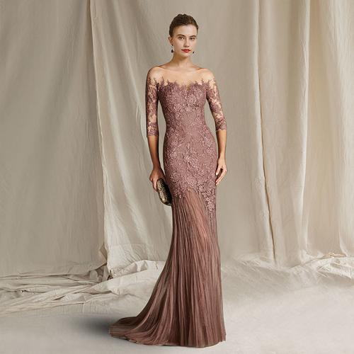 Mermaid Mother of the Bride Dress Formal Wedding Guest Elegant Scoop Neck Sweep / Brush Train Lace Tulle Half Sleeve with Appliques 2025 free custom size