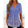 Floral Women's T shirt Tee Henley Shirt Floral Holiday Weekend Black Blue Purple Button Print Short Sleeve Vintage Tunic Basic Round Neck Regular Fit