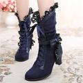 Women's Boots Ladies Shoes Valentines Gifts Plus Size Valentine's Day Daily Solid Color Mid Calf Boots Lace-up Block Heel Round Toe Elegant Vintage Fashion Faux Leather Zipper Black Red Blue